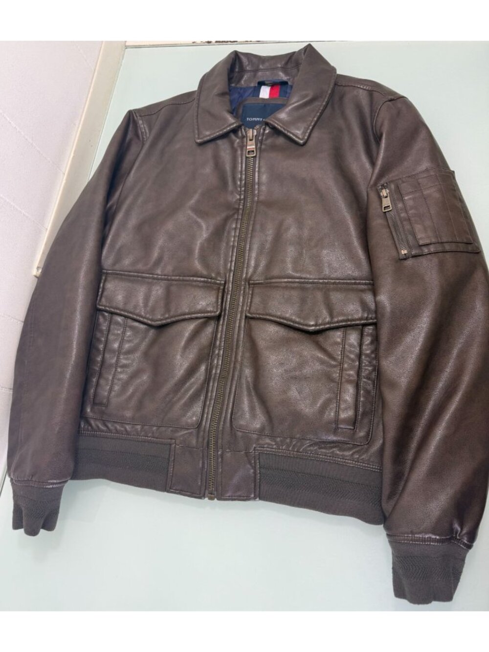 Tommy Hilfiger Faux Leather Jacket Mens Small S Bomber Brown Flight